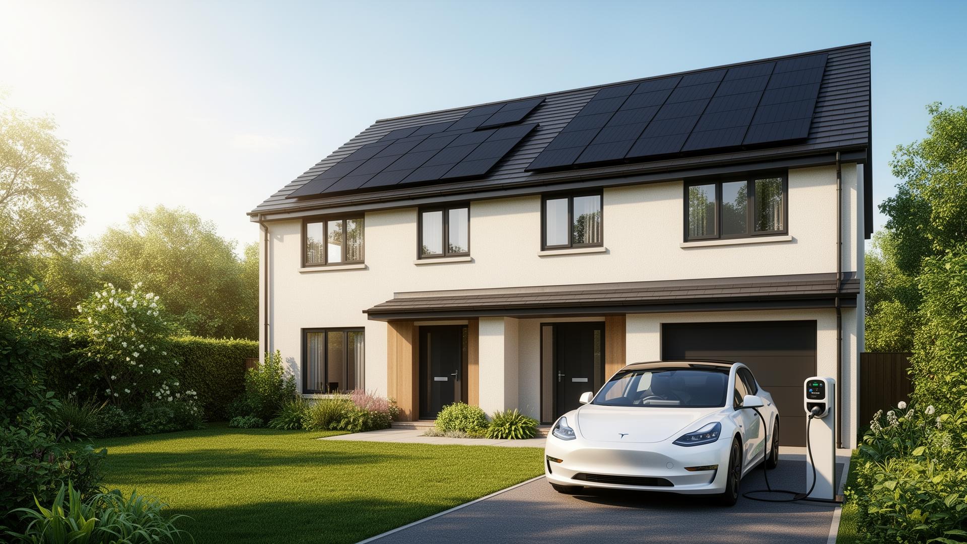 UK home with solar panels and an electric car charging